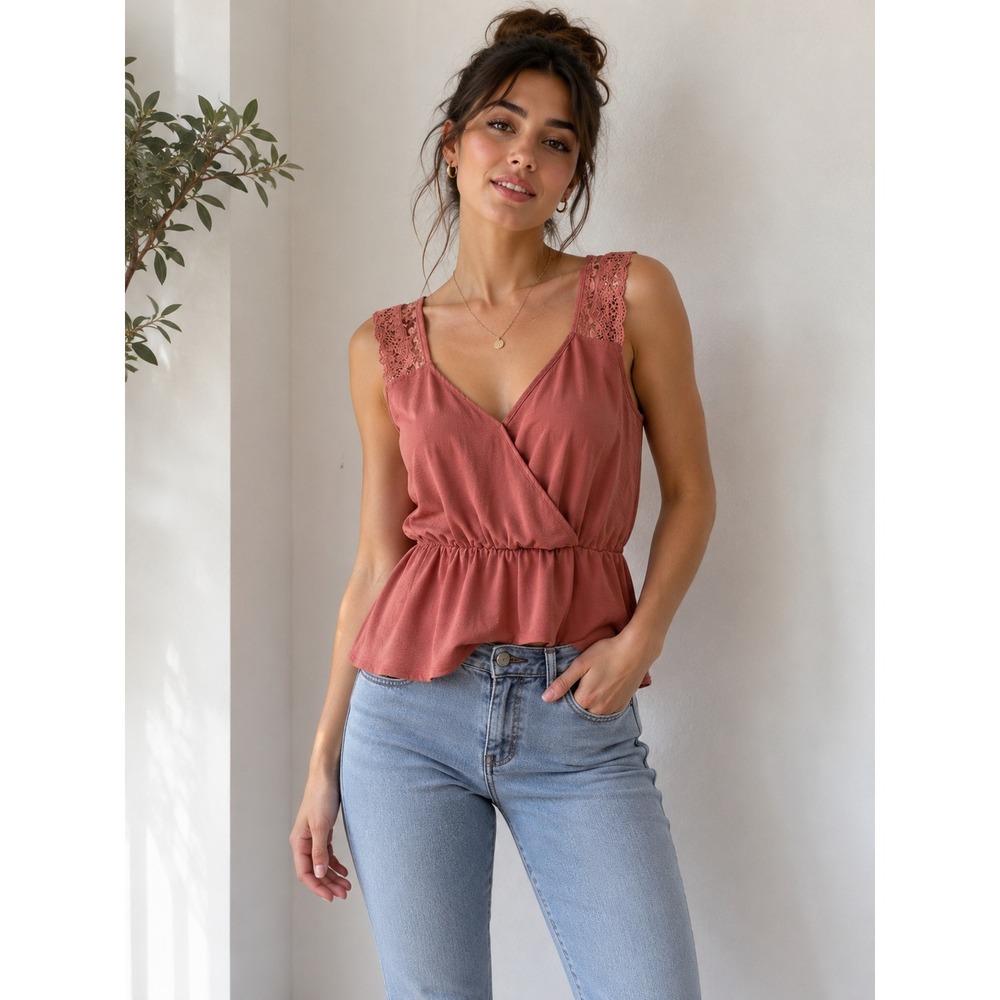 BLOOMCHIC Peplum Top Lace Strap Surplice Blouse Womens 12 Rose Boho Chic